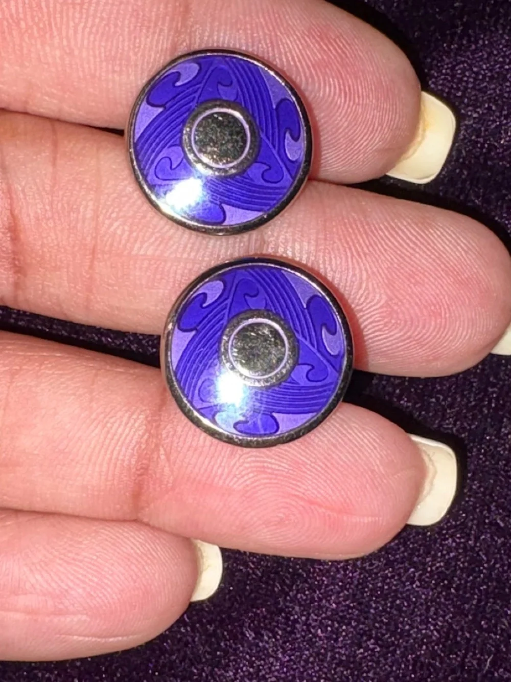 Vintage Silver-Toned Metal Base Two-Tone Purple Handcrafted Enamel Cufflinks